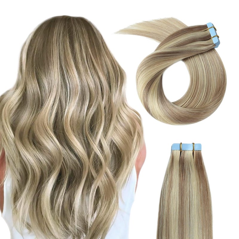 Yilite P18613 Tape in Hair Extensions  Human Hair Ash Blonde Highlighted Bleach Blonde 20pcs 50g  20inch Skin Weft Remy Tape in Hair Extensions